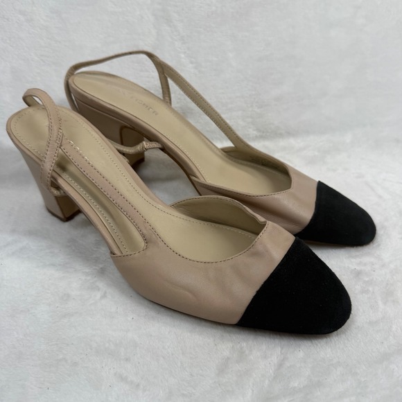 Marc Fisher Shoes - Marc Fisher Beige Leather Black Suede Cap Toe Slingback Block Heel‎ Pumps 9.5
